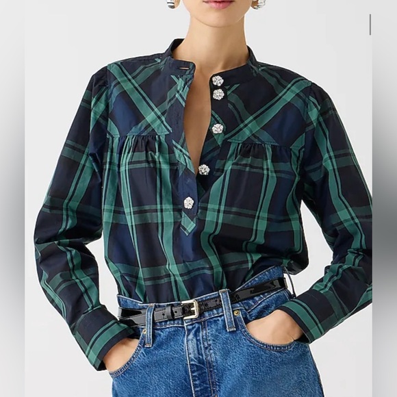 J.Crew Fresco Top With Jewel Buttons In Black Watch Tartan Plaid-NWT-MEDIUM - Picture 2 of 12